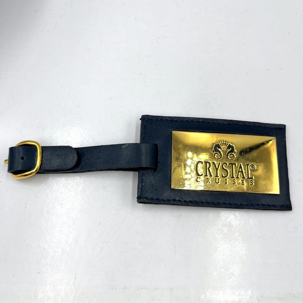 Vintage Crystal Cruises Luxury Luggage Tag Blue Leather Gold Tone Brass Plate